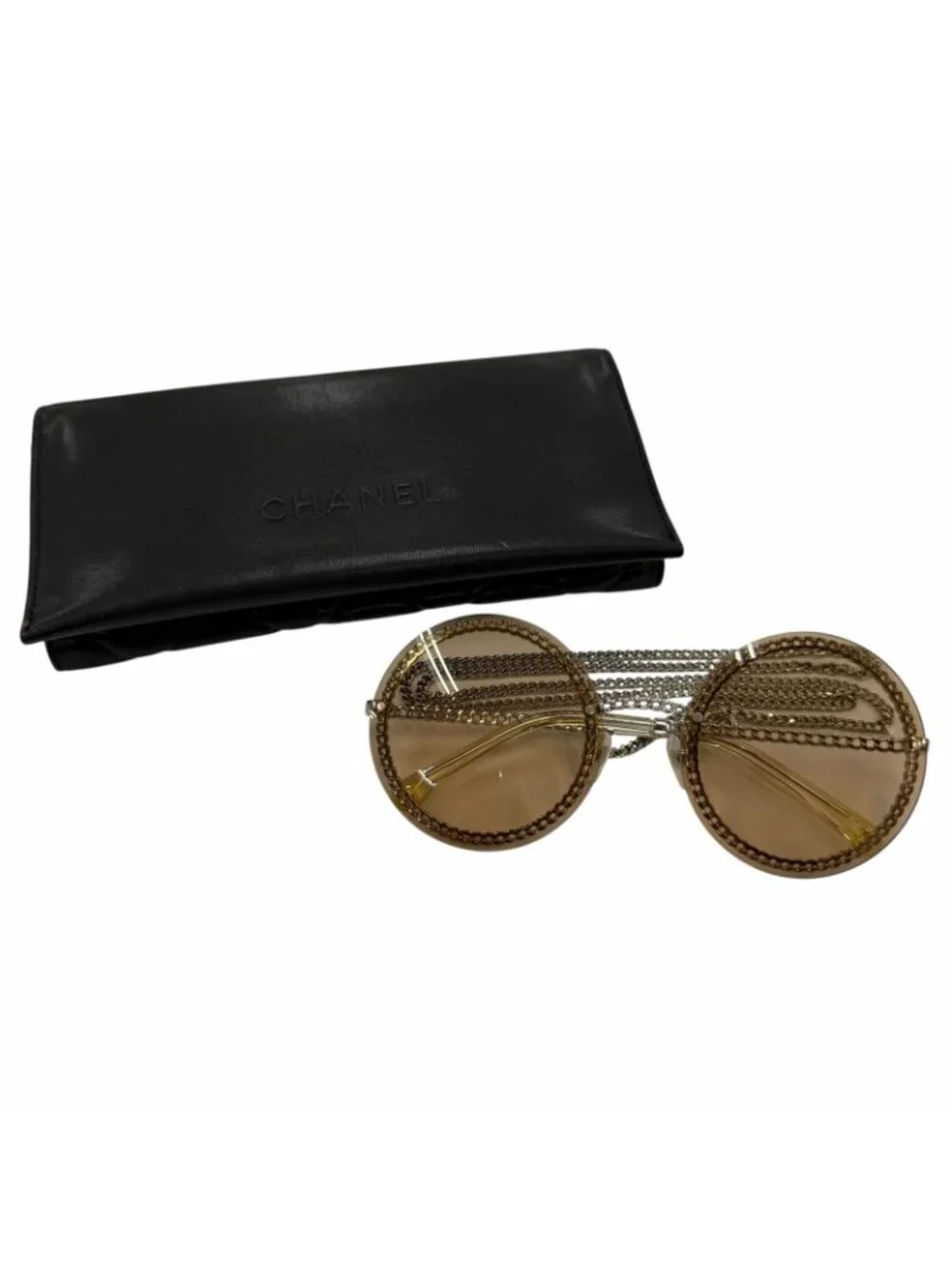 Chanel CC Logo Round Chain Glass Cord Sunglasses Silver Brown Demo Lens Eyewear